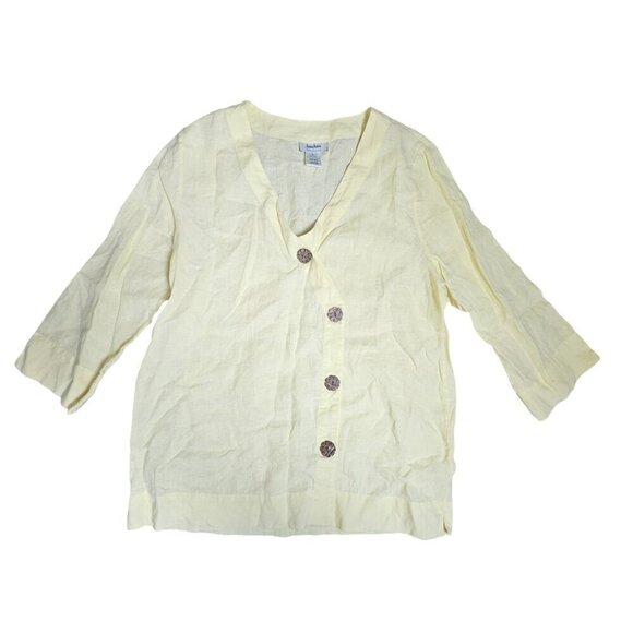 Neiman Marcus Exclusive 100% Linen Blouse Top Asymmetric Wooden Buttons Womens M - Picture 5 of 8
